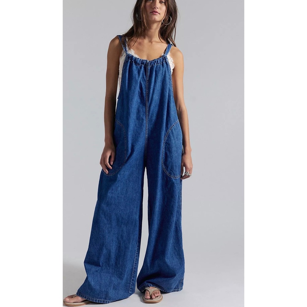 Free People We The Free Free Bird Jumpsuit XL Blue Denim Wide Leg Overalls NWT